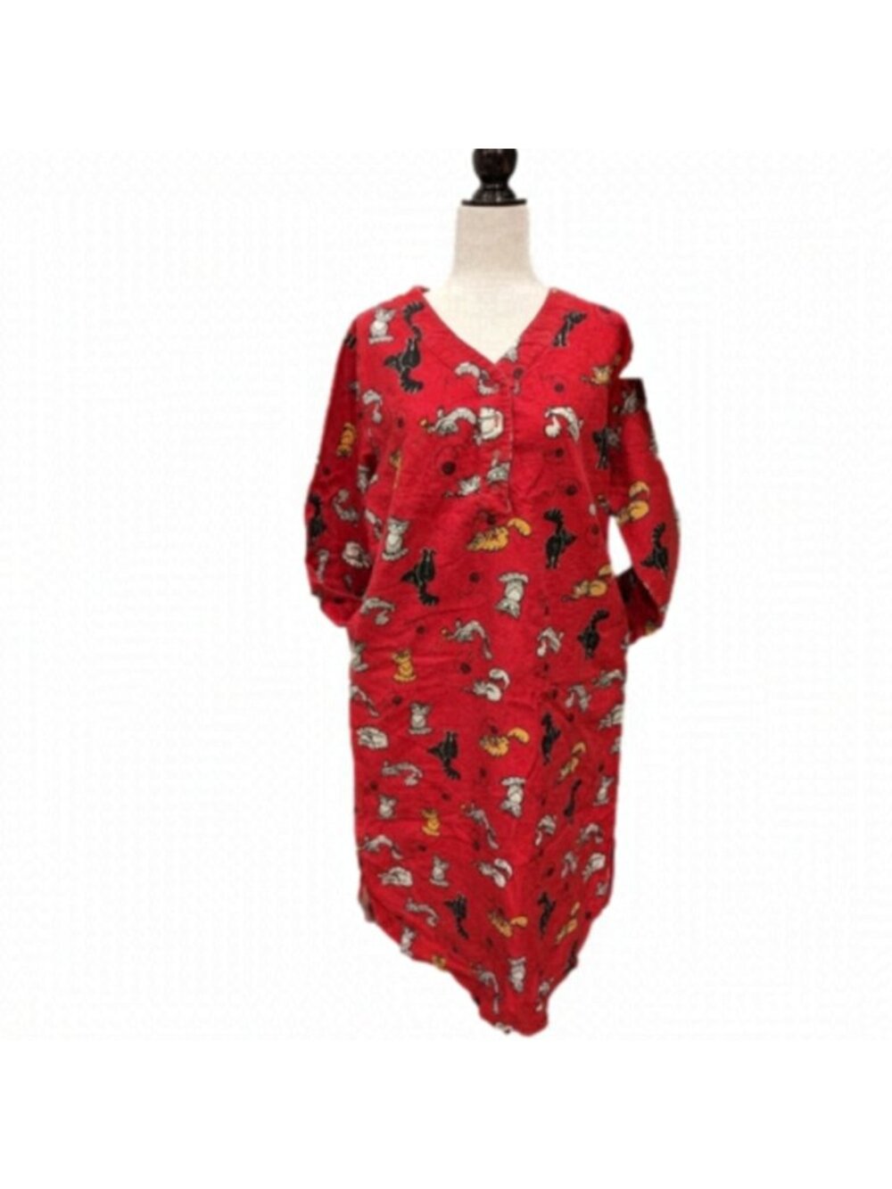Red Flannel nightgown, Cats Kitten Graphic,Cotton kitten print woman's L